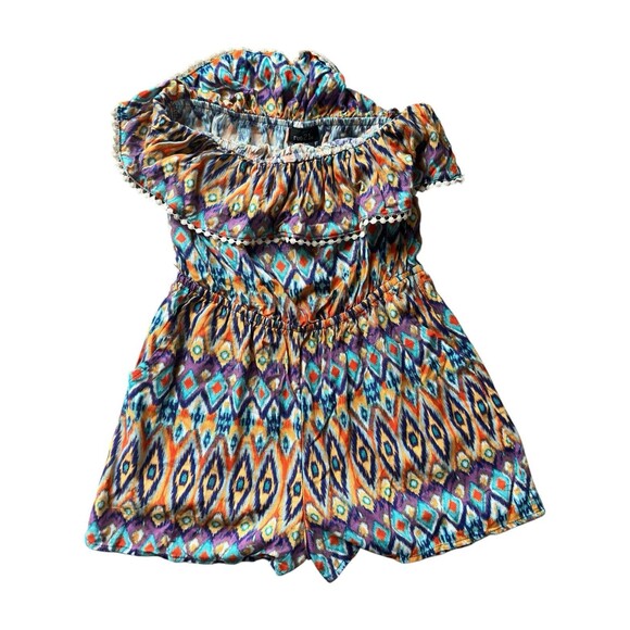 Boho Tube Top Romper Small Tribal Print Elastic Waist Ruffle Pom Trim Coachella - Picture 2 of 13